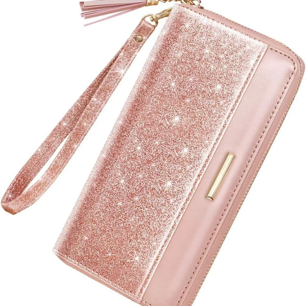 Women Wallet PU Leather Glitter Card Holder Organizer Clutch with Tassel